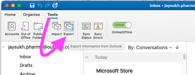 can i export search results in outlook for mac 365